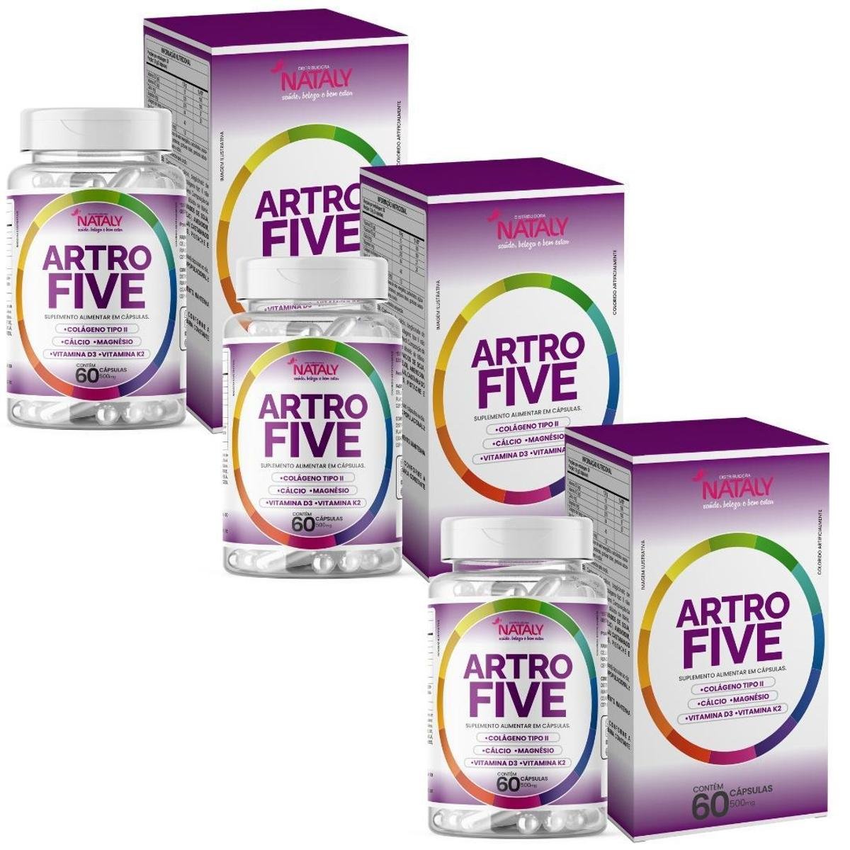 Kit 3x Artrofive Colágeno Tipo II + Cálcio + Magnésio + Vit K2 + Vit D3 60 Caps de 500mg Nataly