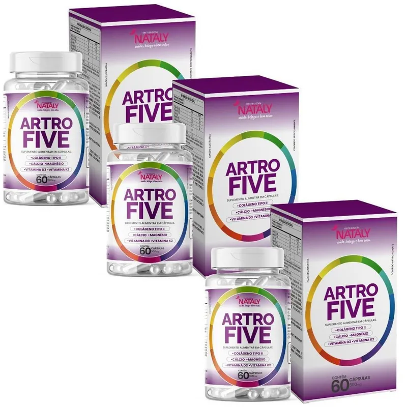 Kit 3x Artrofive Colágeno Tipo II + Cálcio + Magnésio + Vit K2 + Vit D3 60 Caps de 500mg Nataly