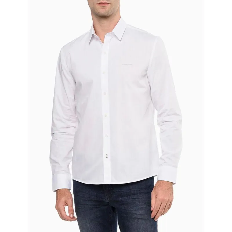Camisa Calvin Klein Jeans Manga Longa Regular Lisa Basica Logo Peito Branca - CKJM900C-0900