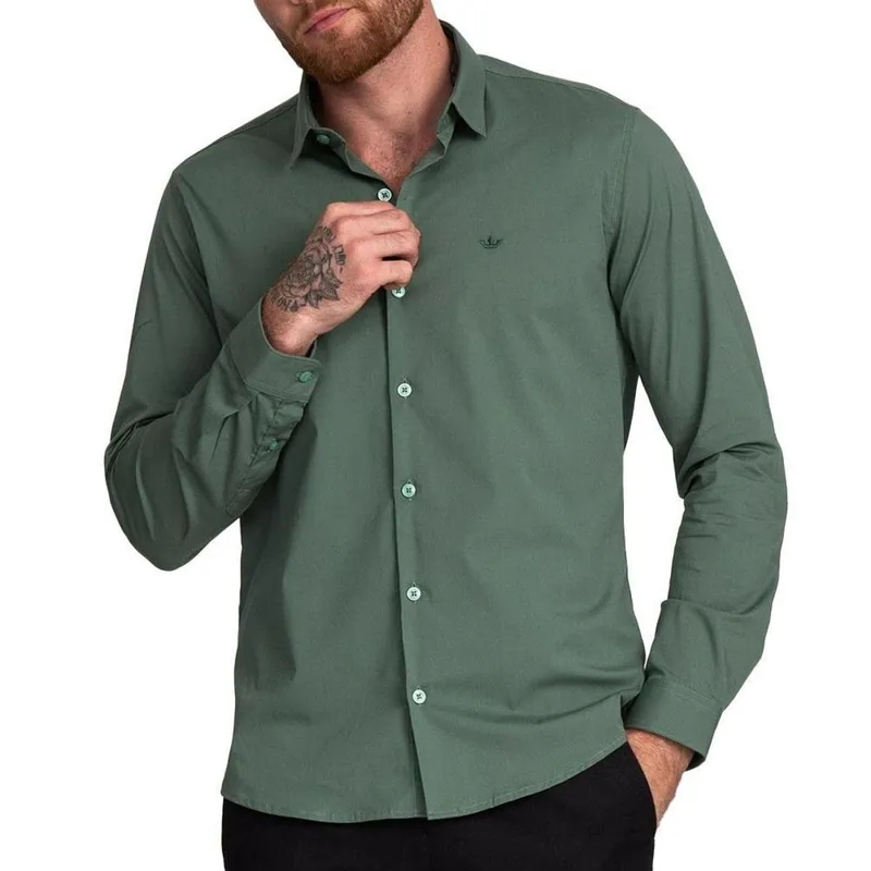Camisa Masculina Docthos ML Slim Tricoline Verde Oliva - 605