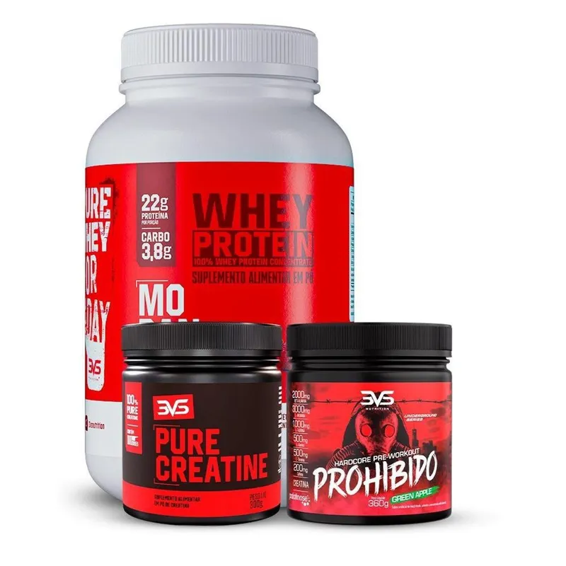 Combo Whey 100% Sabor Morango + Creatina Pura 300gr + Pré Treino Prohibido Sabor Maça Verde 360gr