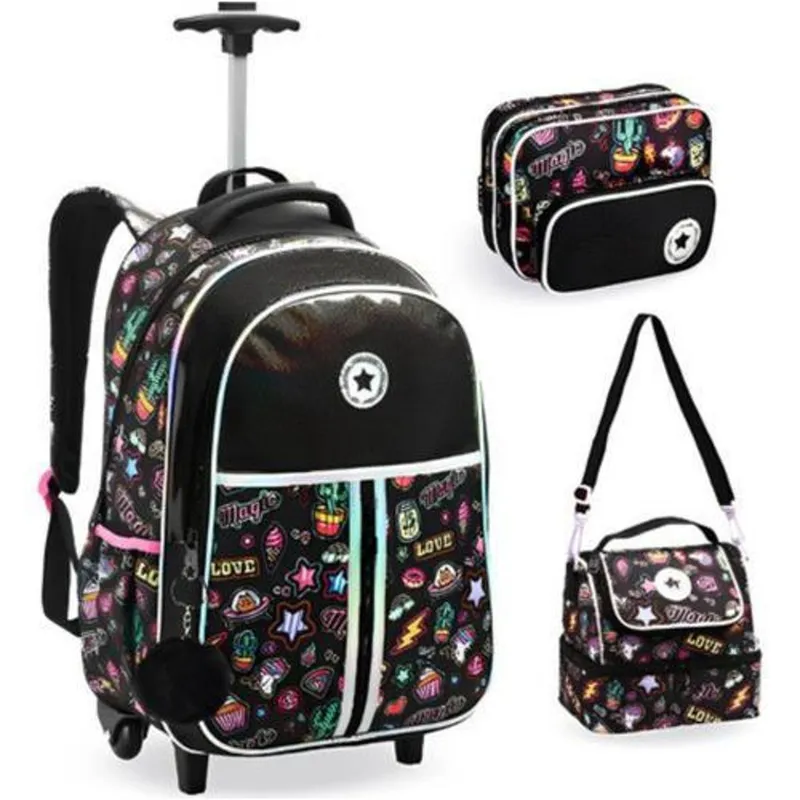 Kit Mochila Rodinha Juvenil Lancheira Estojo Just Love Teen