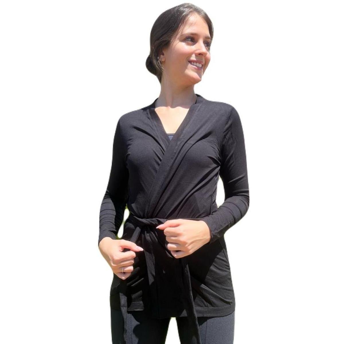 Cardigan Feminino Malha Premium Manga Longa Amarração Frontal Casaco Cardigan
