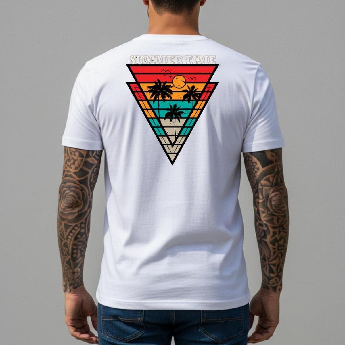 Camiseta Branca Masculina Estampa Costas Retrô Coqueiros Camisa Casual Slim Fit Manga Curta Praia