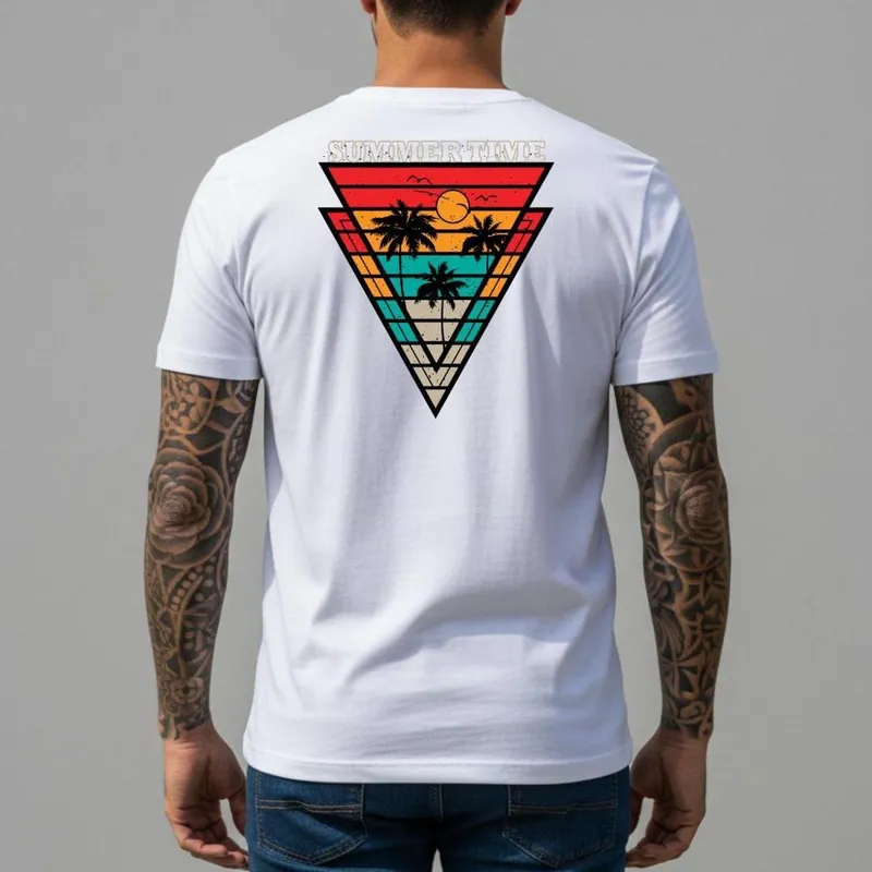 Camiseta Branca Masculina Estampa Costas Retrô Coqueiros Camisa Casual Slim Fit Manga Curta Praia