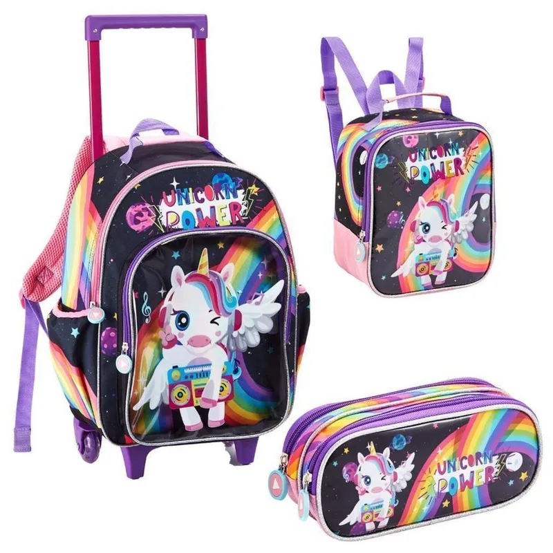 Kit Mochila Rodinha Lancheira Térmica Estojo Duplo Infantil Escolar Unicornio Poney Power Menina