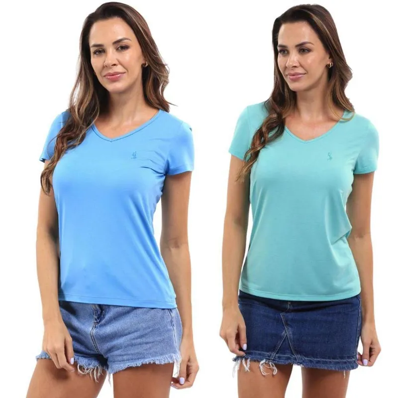 Kit 2 Camiseta Feminina Dia A Dia Gola V Academia