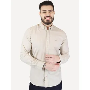 Camisa Tommy Hilfiger Masculina Xadrez Gingham Branca/Cáqui