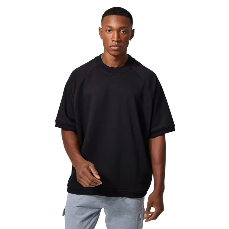 Camisa Raglan de Moletom Manga Curta Oversized Frio Preto
