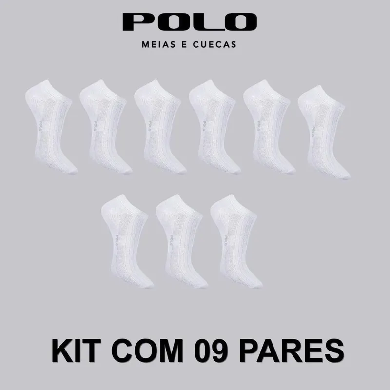 Kit 9 Pares de Meias Feminino Invisível Canelada Branca