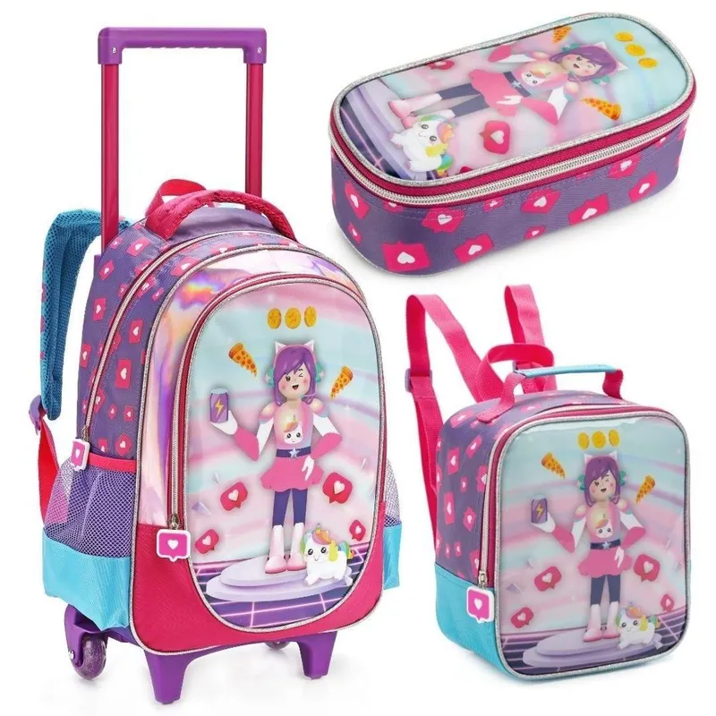 Kit Mochila Com Rodas Lancheira E Estojo Game Pk Feminina