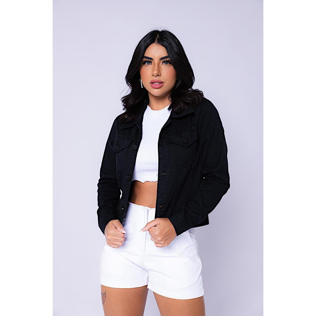 Jaqueta Jeans Feminina Preto | Botão Coberto