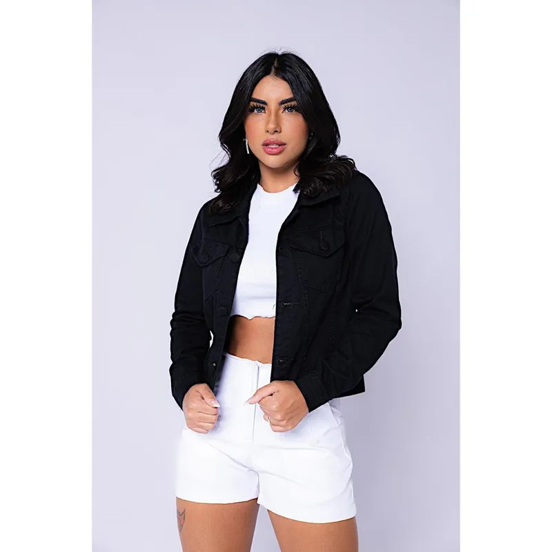 Jaqueta Jeans Feminina Preto | Botão Coberto