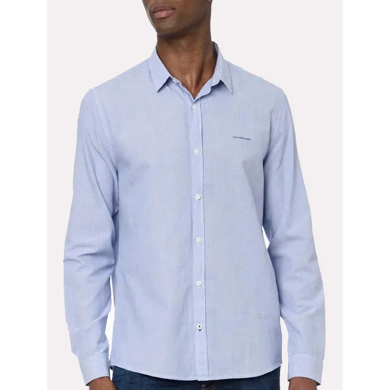 Camisa Calvin Klein Jeans Masculina Slim Listrada Silk Logo Azul Médio