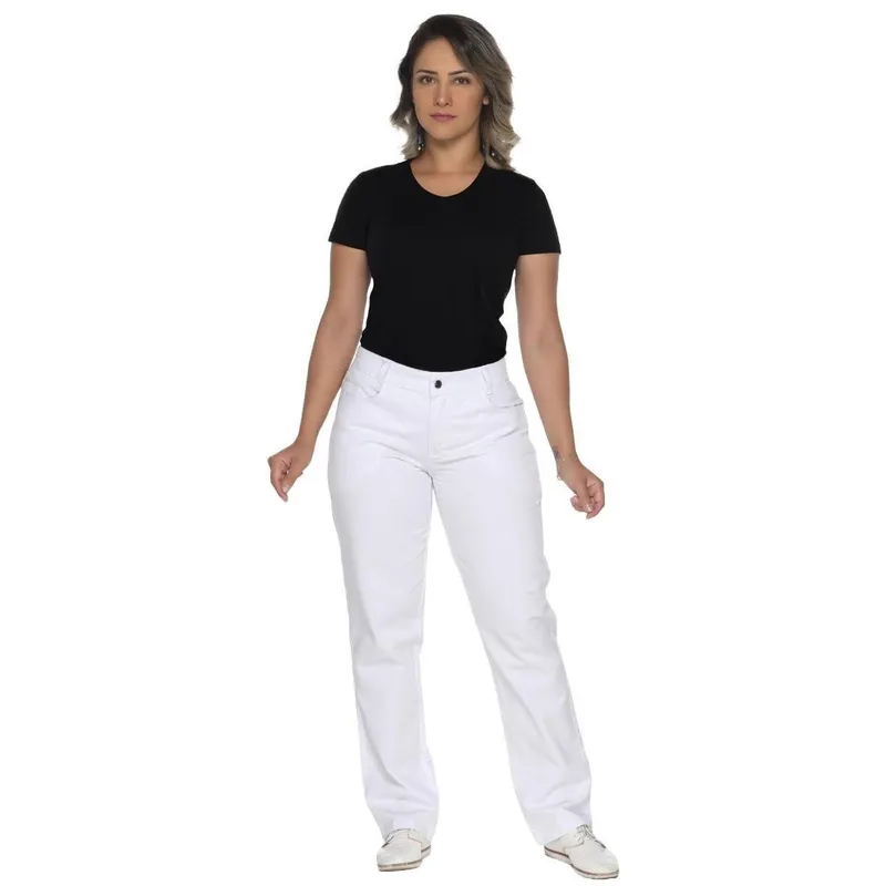 Calça branca sarja com elastano feminina