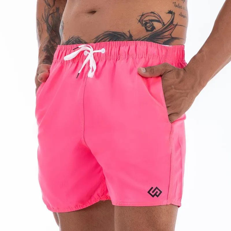 Short Praia Bermudinha Tactel Pink Rosa Neon Liso Masculino Premium