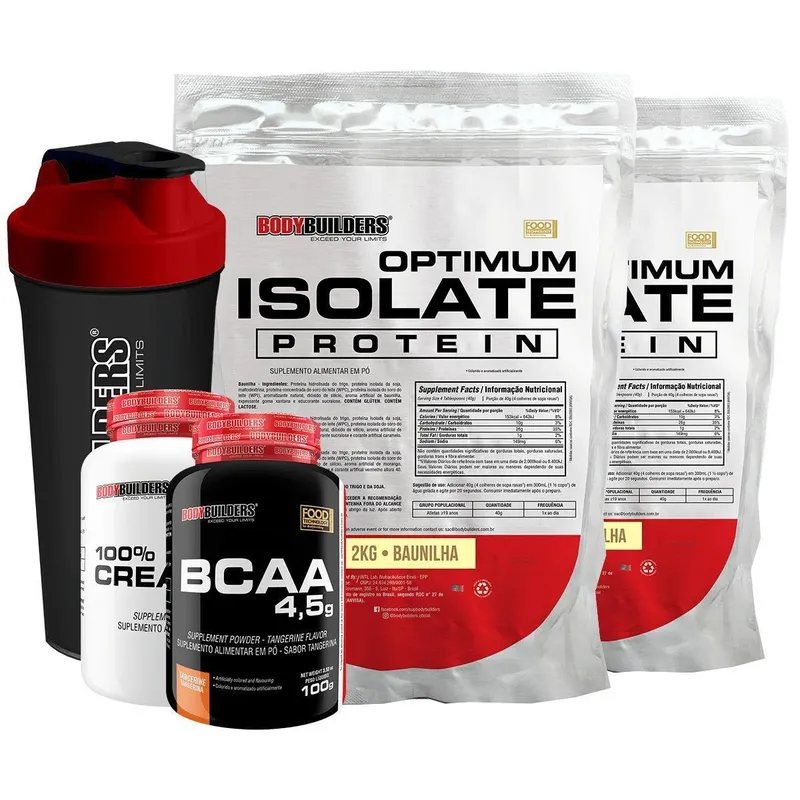 Kit 2x Optimum Isolate Whey Protein 2kg + Creatina 100g + Bcaa 100g + Coqueteleira - Bodybuilders