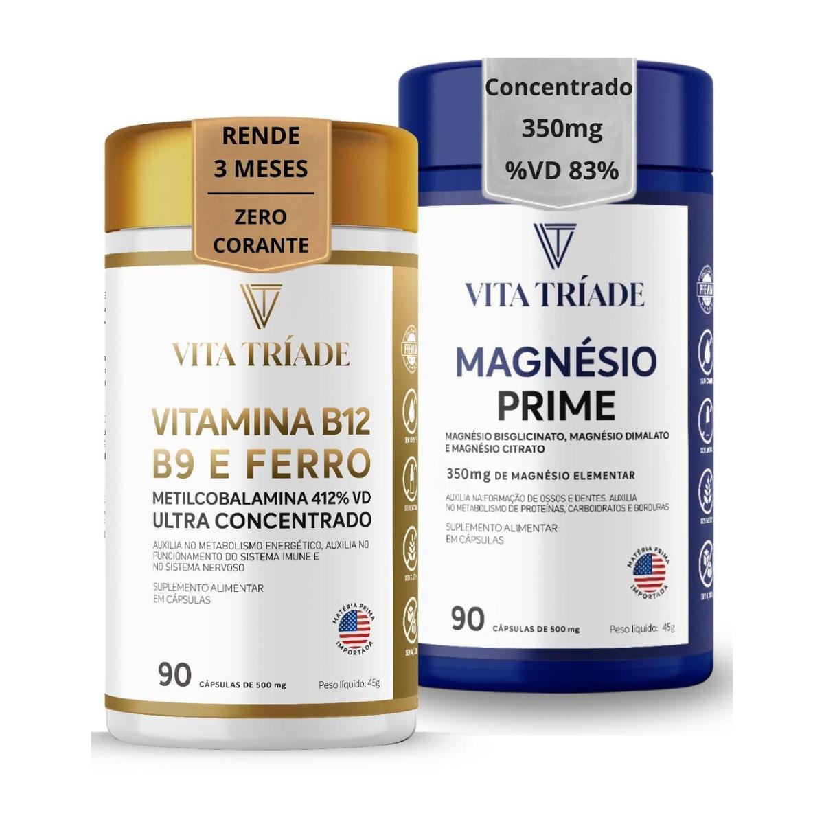 Vitamina B12 concentrada, B9 e Ferro 90 Cápsulas + Magnésio Concentrado 350mg 90 Cápsulas Kit