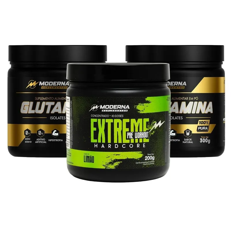 Kit 2 Glutaminas + 1 Pré-Treino Moderna Suplementos 300gr + 300gr + 200gr