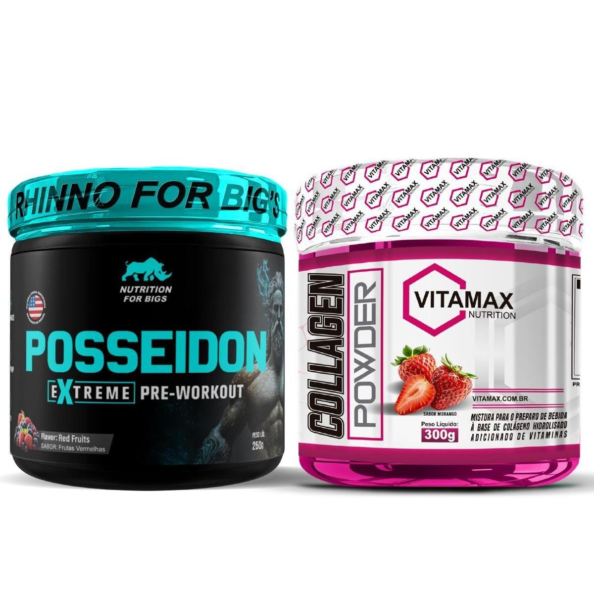 Kit Colágeno Powder Hidrolisado 300g Vitamax + Pré treino Posseidon 250g