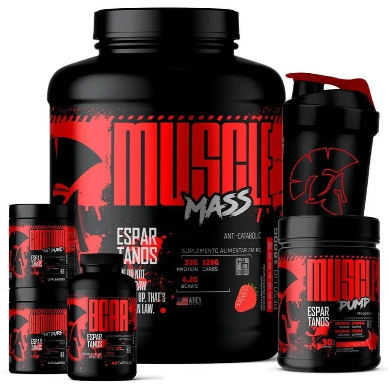 Kit Muscle Mass 1,8kg + BCAA + Creatina + Glutamina + Pré Treino + Coqueteleira - Espartanos