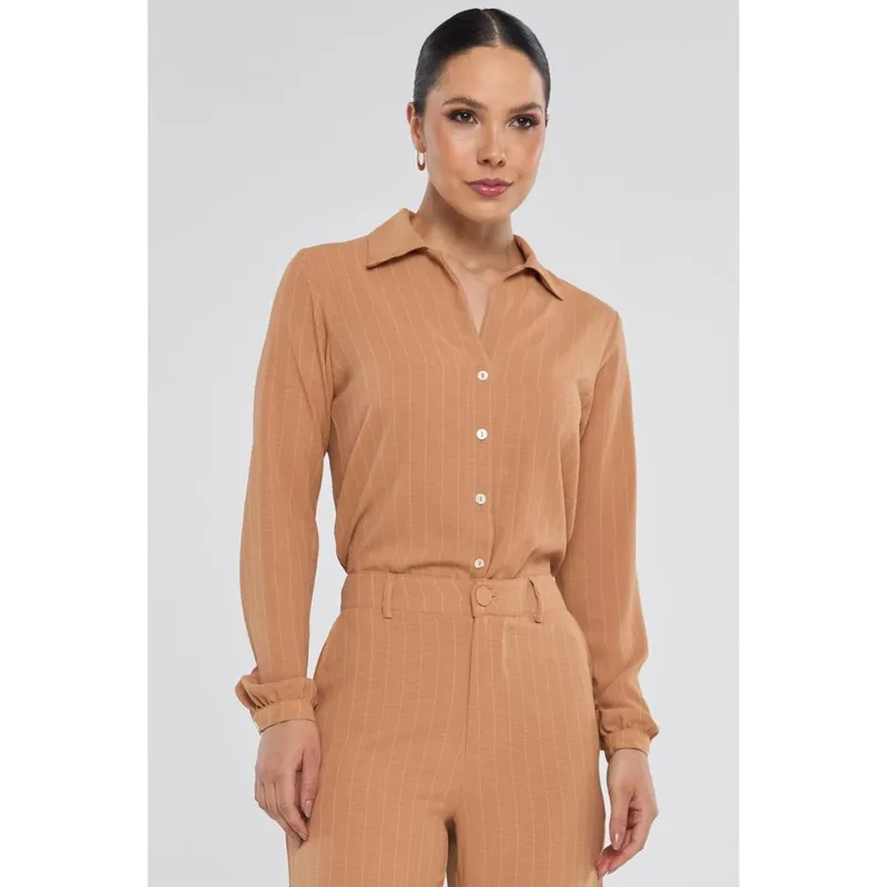 Camisa PKS Manga Longa Risca de Giz Bege