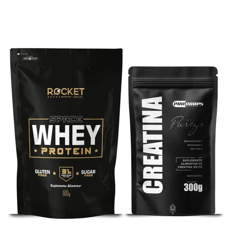 Kit Whey Protein 900g Creatina 300g Refil Alto Rendimento