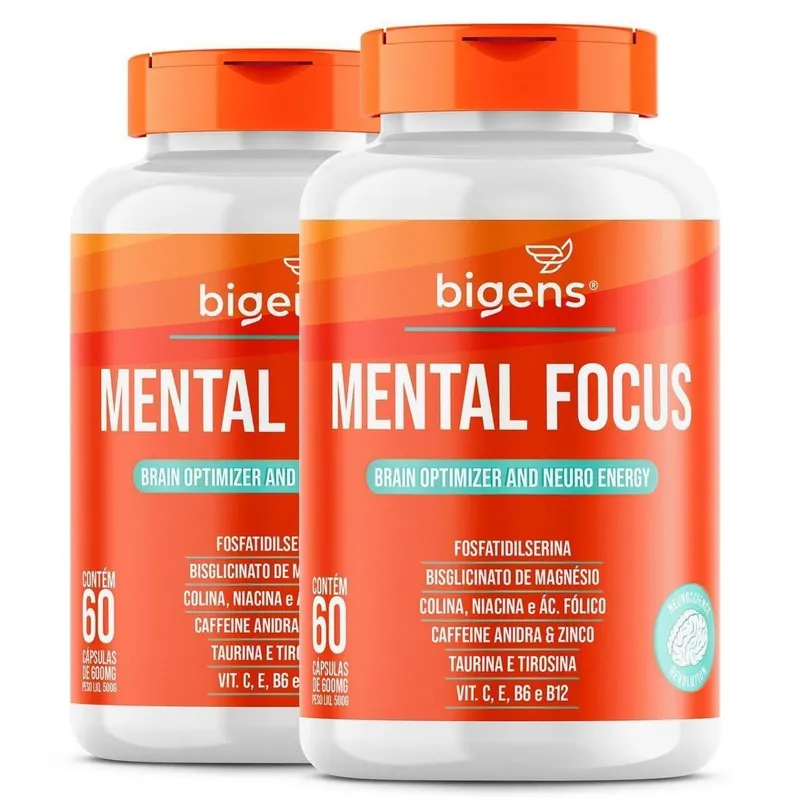 Kit 2 Mental Focus Fosfatidilserina Tirosina Taurina Cafeína Magnésio Colina 120 Cps - Bigens
