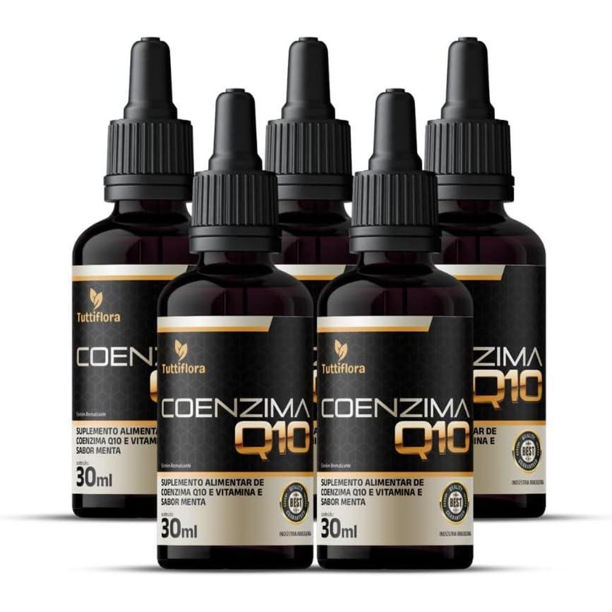 5x Coenzima Q10 100mg Por Porção (Ubiquinona) com Vitamina E Gotas Sabor Menta 30ml TuttiFlora