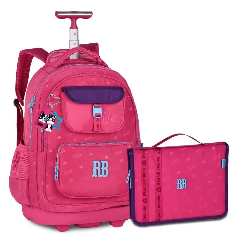 Mochila Carrinho Com Estojo Fichario Grande Kit Escolar Premium