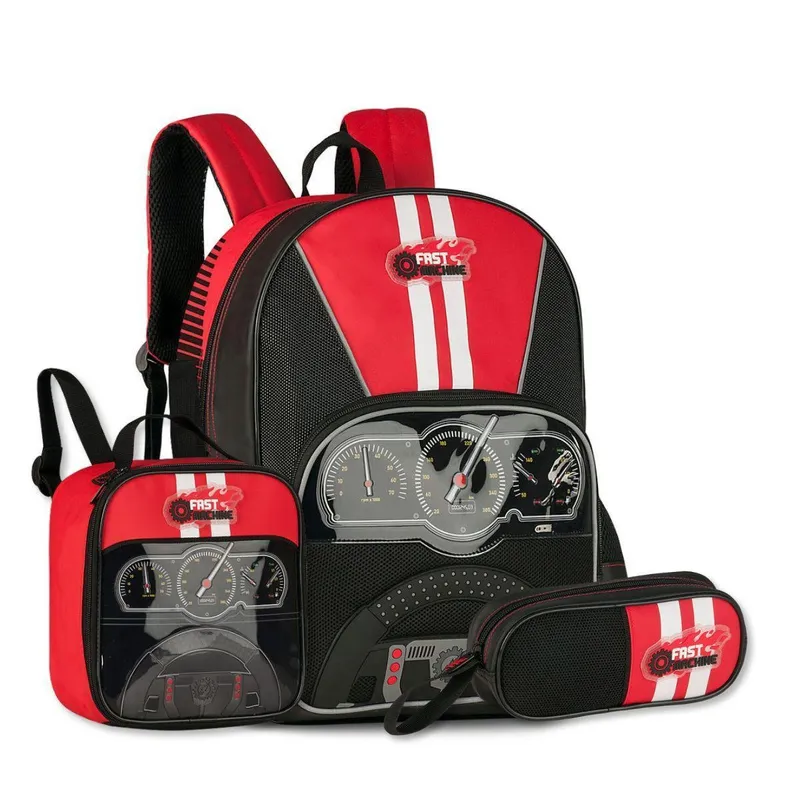 Mochila Carros com Lancheira e Estojo Kit Escolar Meninos