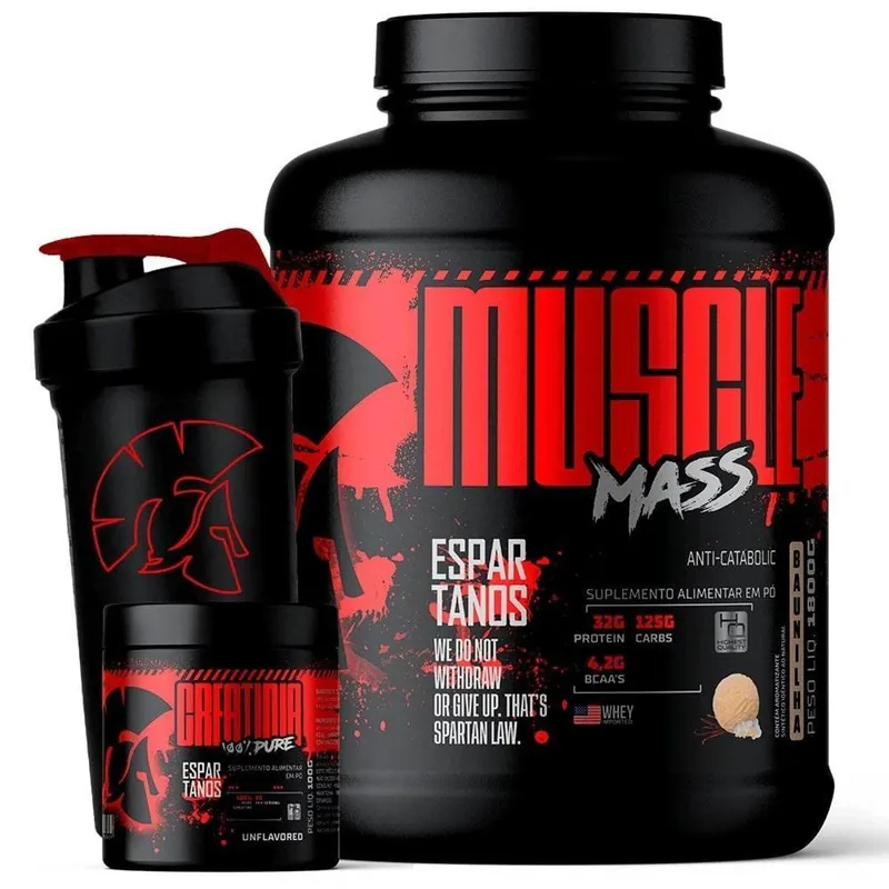 Kit Muscle Mass Hipercalórico 1,8kg + Creatina 100g + Coqueteleira - Espartanos