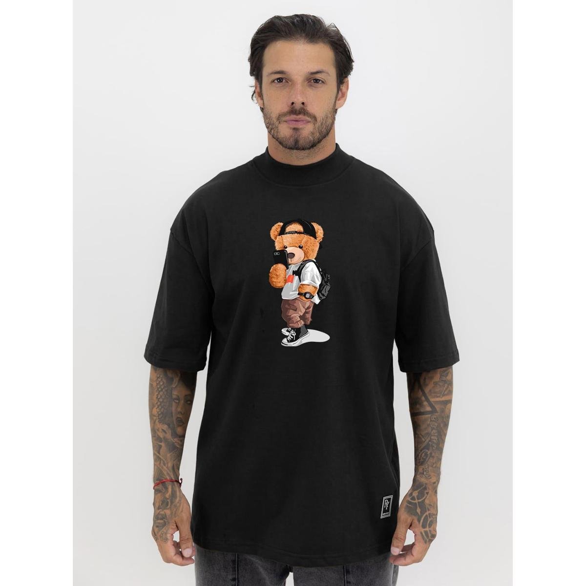 Camiseta Camisa Oversized Gola Alta Estampa Teddy Urso Selfie Streetwear Algodão Premium Preto