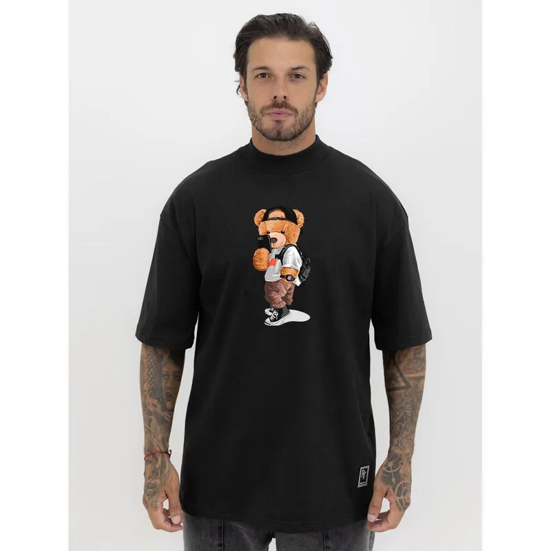Camiseta Camisa Oversized Gola Alta Estampa Teddy Urso Selfie Streetwear Algodão Premium Preto