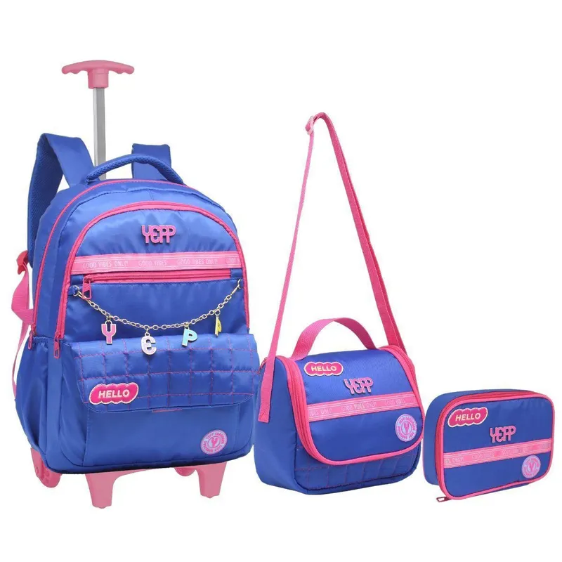 Kit Mochila Rodinhas Lancheira Estojo Chaveiro Escolar Juvenil Infantil Bombom Yepp