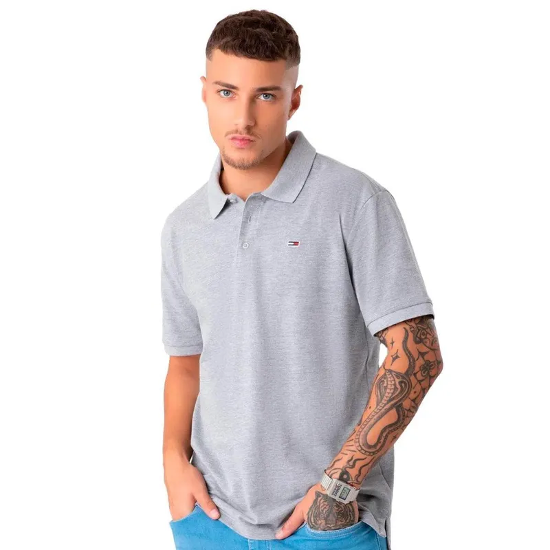 Polo Tommy Jeans Masculina Regular Original Fine Piquet Cinza Mescla