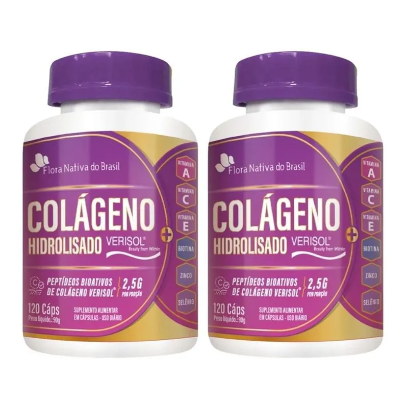 Kit 2x Colágeno Hidrolisado Verisol Vitaminas A C E Biotina Zinco Selênio 120 Caps Flora Nativa