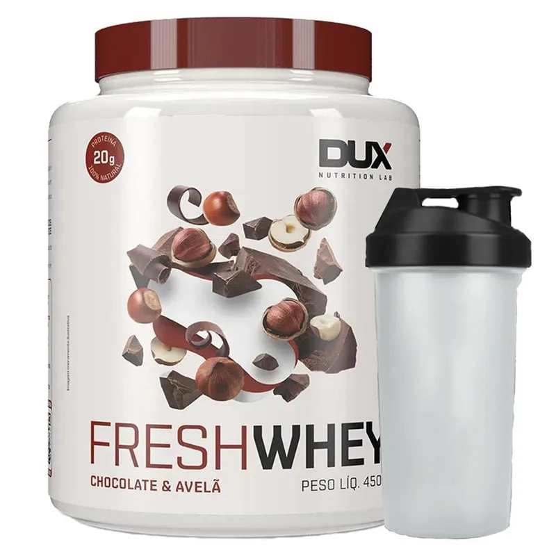 Combo Fresh Whey Conc. Isolado Hidrolisado Chocolate belga e Avela 450g + Coqueteleira Dux Nutrition
