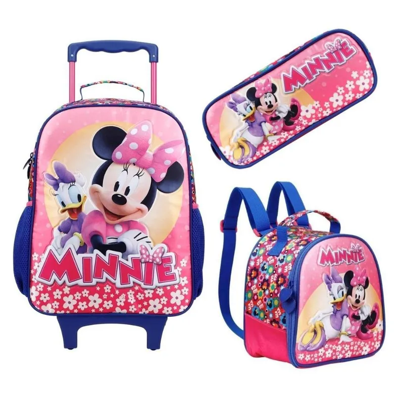 Kit Mochila com carrinho e alça nas costas escolar + Lancheira + Estojo Minnie mouse