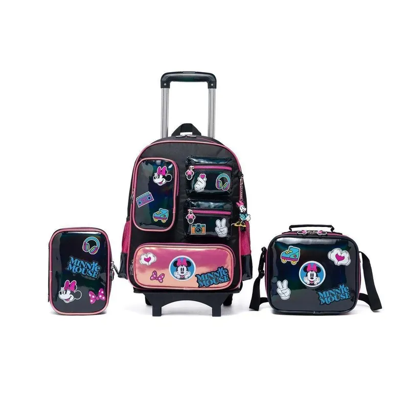 Kit Mochila de Rodinhas Lancheira Estojo Minnie Escolar Infantil Disney Feminina