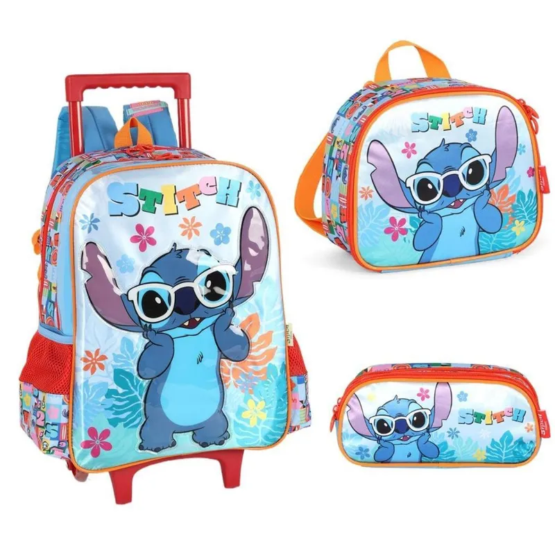 Mochila de carrinho com rodinhas + Estojo+ Lancheira Infantil Escolar Stitch Luxcel