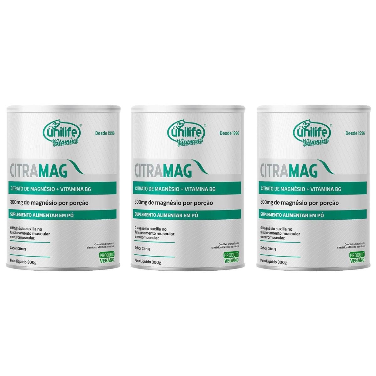 Kit 3 Citrato De Magnésio + Vitamina B6 Citramag 3x300g Sabor Citrus Unilife