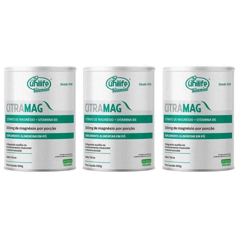 Kit 3 Citrato De Magnésio + Vitamina B6 Citramag 3x300g Sabor Citrus Unilife