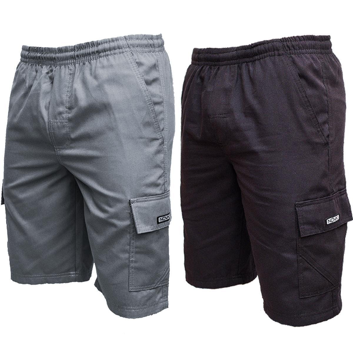 Kit 2 Bermudas Short Brim Cargo Sarja Elástico Cordão 5 Bolsos Masculino Uniforme
