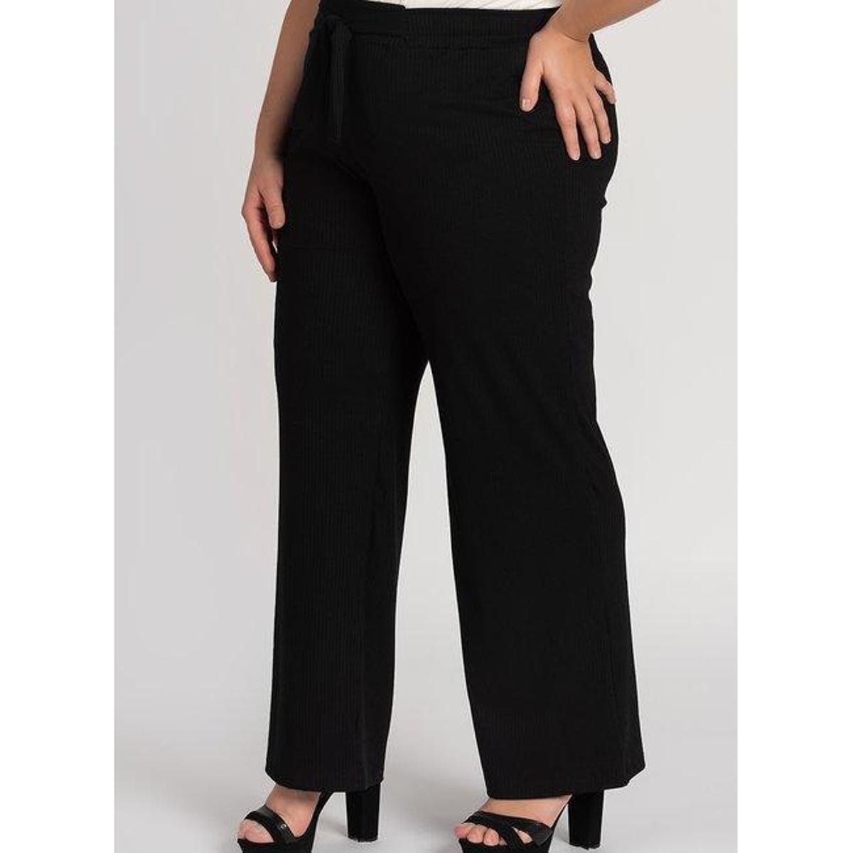 Calça Feminina Plus Size Pantalona Canelado Cós Elástico Detalhe Amarração - Serena