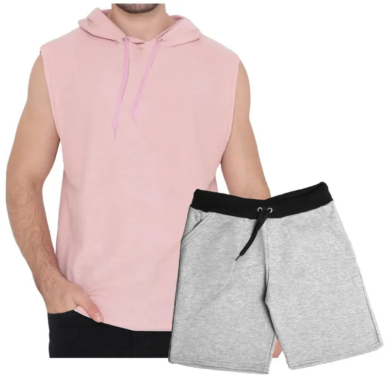 Conjunto Masculino Shorts Bermuda Moletom E Camiseta Regata Com Capuz Plus Size G1 A G5