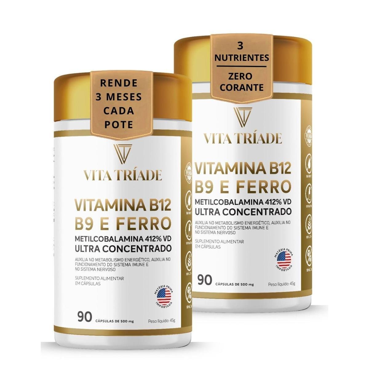 Vitamina B12 Concentrado + Ácido Fólico e Ferro – Kit 180 Cápsulas - Rende 6 meses