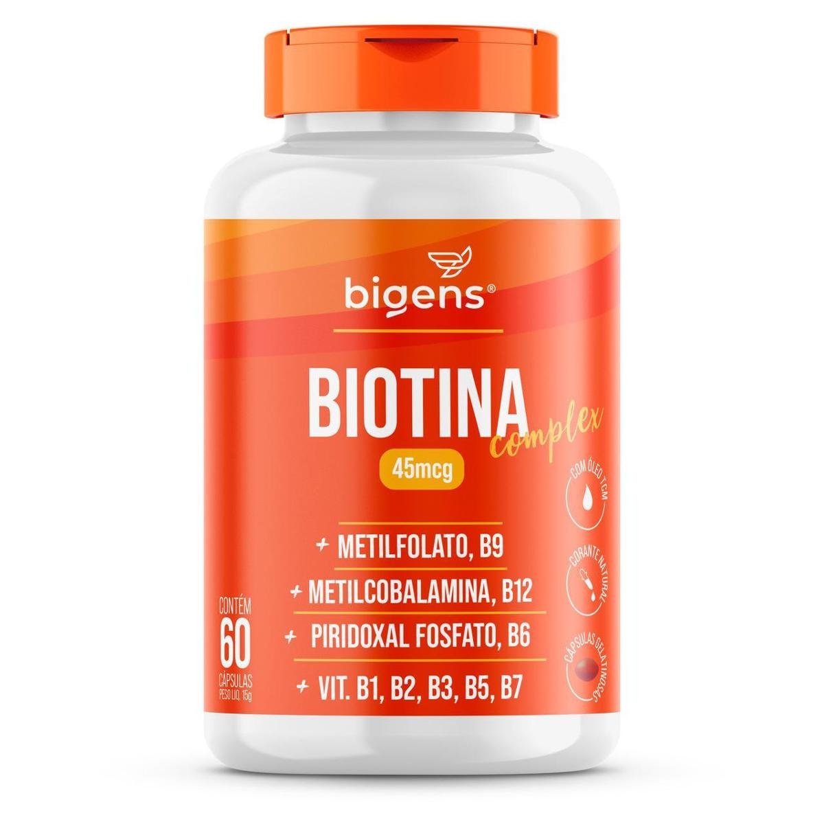 Biotina Complex com TCM Metilfolato Metilcobalamina Vitaminas B1 B2 B3 B5 60 Cps - Bigens