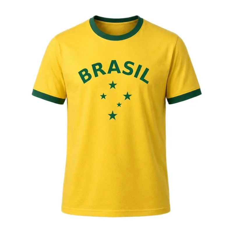 Camisa Brasil Retro Estrelas Algodão Amarelo - Masculino