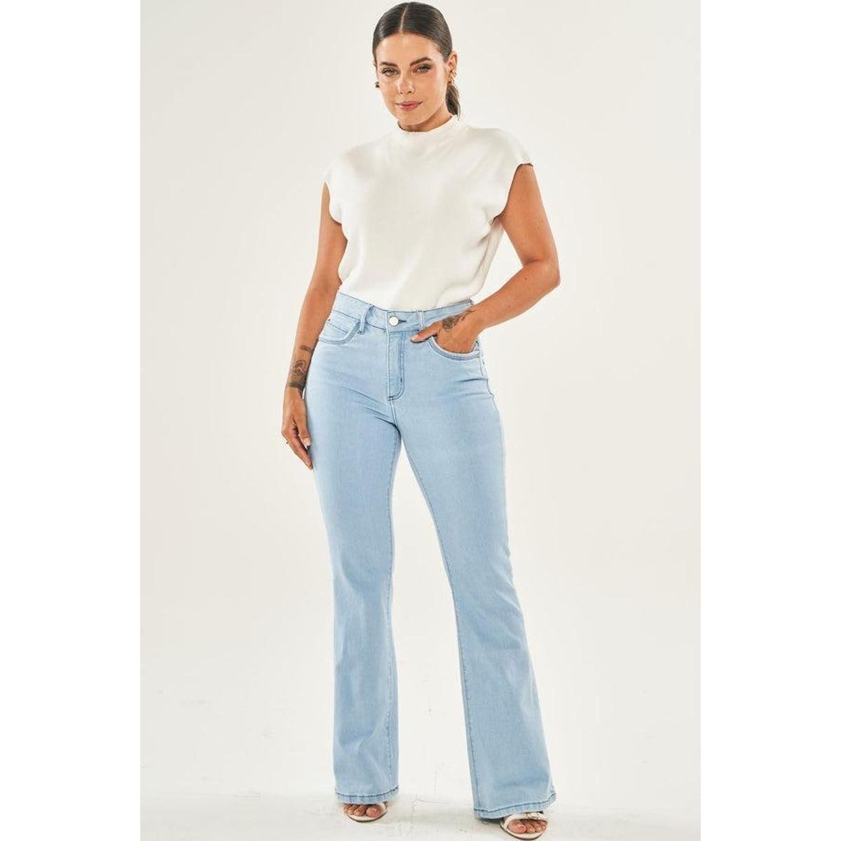 CALÇA JEANS FEMININA FLARE PETIT DOCE TRAMA